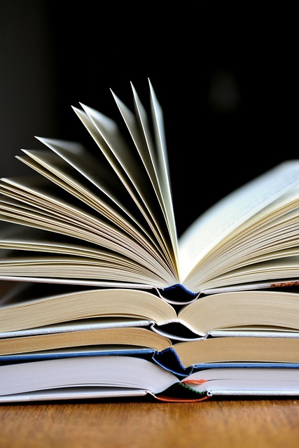 Photo of four open books laid out on top of each other.